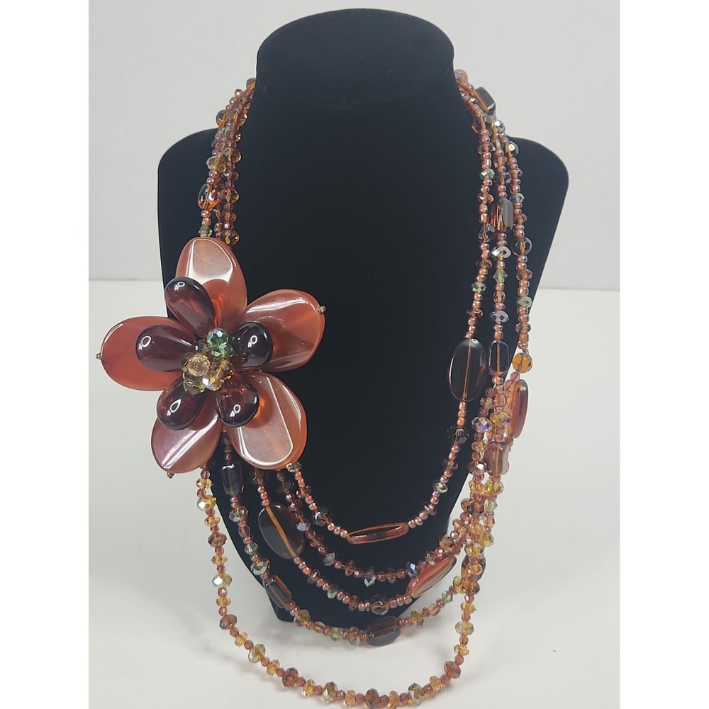 Vtg 90s Multi Strand Carnelian Agate Flower Statement Necklace 23.5" Huge 4"